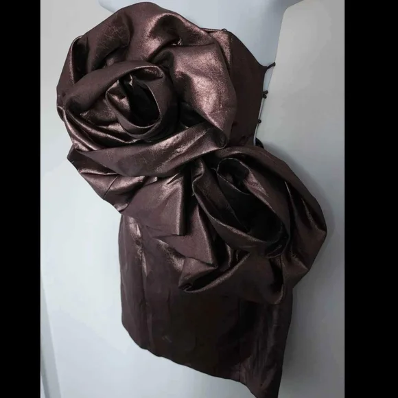 Zara Metallic Chocolate Brown Mini Dress with Sculptural Rose Detail - Picture 3 of 7
